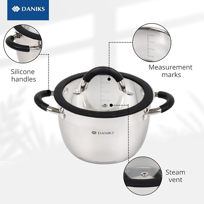 Daniks Orlando 10-Piece Stainless Steel Induction Cookware Set – Dishwasher Safe Saucepan, Pots with Heatproof Handles, Glass Lids, Measuring Scale, Silver