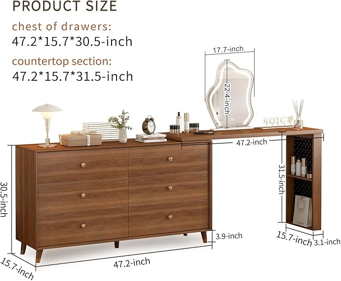 Makeup Vanity Set with Cloud-Pattern HD Lighted Mirror and Stool, 50-94in Extendable Mid-Century Modern Vanity Table, 6-Drawer Solid Wood Frame Storage Cabinet, Bedroom Dressing Table, Brown