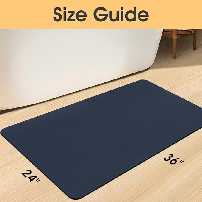 Ultra Thin Non-Slip Bath Mat Fit Under Door, Upgrade Backing Non Slip Bath Mat, Quick Dry Ultra Absorbent Bathroom Rugs, Machine Washable Bath Mats for Bathroom, Bathtub & Kitchen, Dark Blue, 36"x24"
