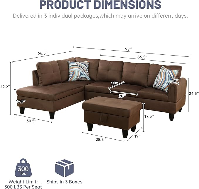 L-Shape 3-Piece Cloud Sofa, Couch for Living Room, Chocolate Flannel Fabric L-Shape with Reversible Chaise & Storage Ottoman, Ergonomic 110–115° Recline, Solid-Wood Frame