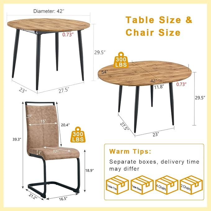 42"-54" Extendable Dining Table Set for 6, Oval Dining Table Set for 6, 0.73" Thick Wood Tabletop with Smooth Edge, Black Metal Leg with Non-Slip Footmat, 6 Soft PU Chairs, for Kitchen, Small Space