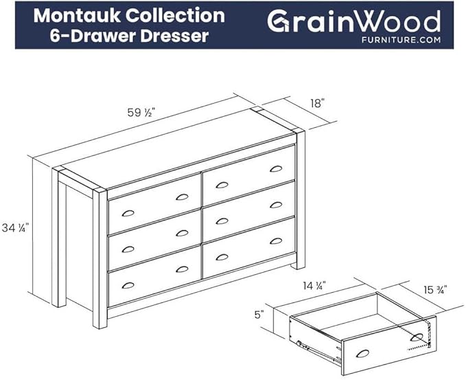 Grain Wood Furniture Montauk 6-Drawer Dresser, Solid Wood with a Driftwood Finish
