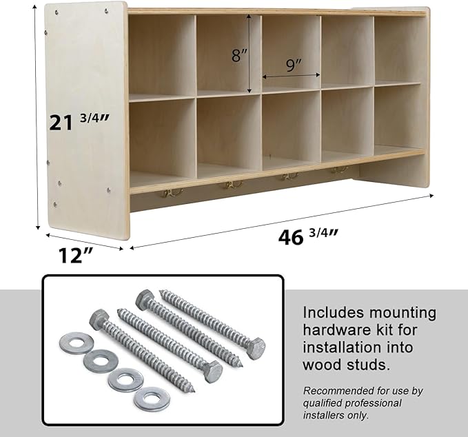 10 Section Wall Mount Classroom Storage Organizer, Cubby Shelving with Coat Locker, Translucent Trays, and Hooks for Daycare, Home, Kids Friendly Design, 21.75" High