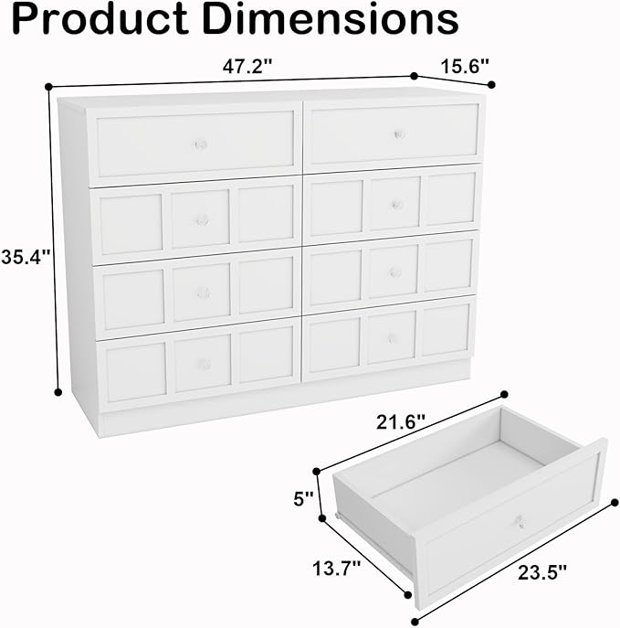 Wood Dresser for Bedroom 8 Drawer: 47" White Chest of Drawers Wood, Modern Fluted Cabinet with Sturdy Storage, Wide Aesthetic Furniture for Room Organization