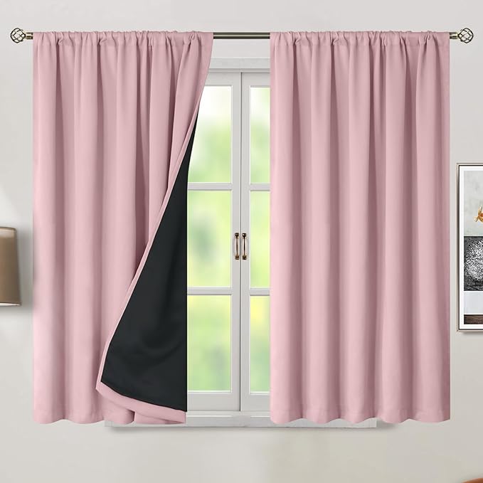 BGment Full Blackout Curtains with Thermal Insulation Liner Curtains 45 Inches Long, Rod Pocket and Back Tab Double Layer Room Darkening Window Curtain for Bedroom(52 x 45 Inch, 2 Panels, Pink)