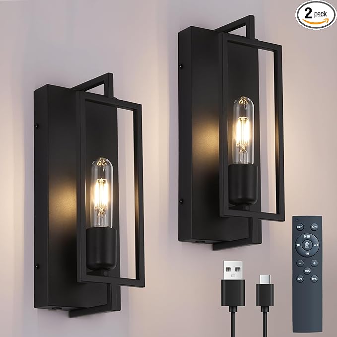 Wireless Battery Operated Wall Sconces Set of 2, Rechargeable Farmhouse Wall Light Fixture with Remote, Industrial Black Wall Lamp dimmable, Modern Indoor Lighting for Bedroom Living Room Hallway