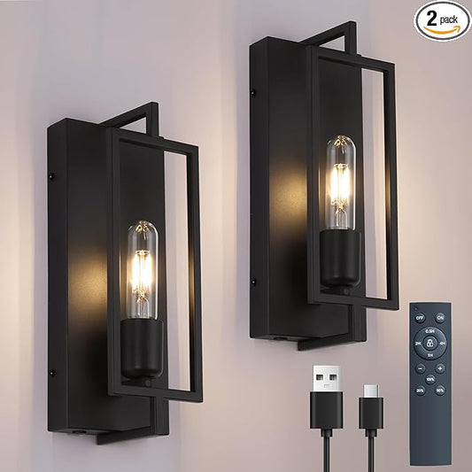Wireless Battery Operated Wall Sconces Set of 2, Rechargeable Farmhouse Wall Light Fixture with Remote, Industrial Black Wall Lamp dimmable, Modern Indoor Lighting for Bedroom Living Room Hallway