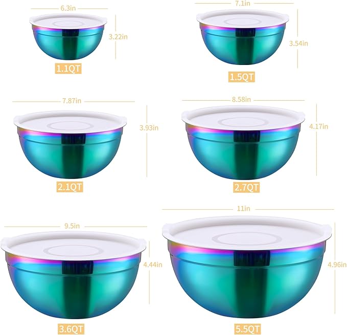 6-Piece Rainbow Stainless Steel Baking & Mixing Bowls Set, Cereal, Dessert, Rice, Fruit & Dipping Bowls, Deep Soup Bowl, Airtight Lid