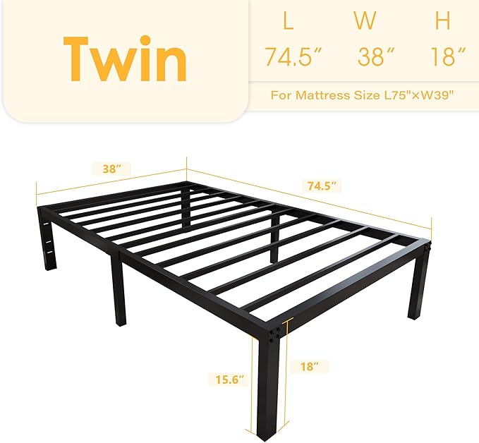 18 Inch Tall and Strong Platform Metal Bed Frame/Easy Assembly Mattress Foundation/ 4000lbs Heavy Duty Frame with Steel Slat Support/No Noise/No Box Spring Needed，Twin