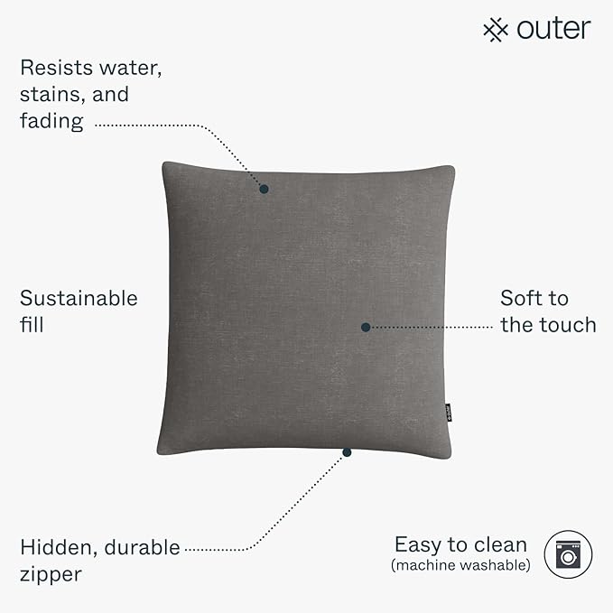 Outer Outdoor Throw Pillow with OuterWeave Performance Fabric, Decorative Outdoor Pillow for Patio & Outdoor Furniture, Includes Machine Washable Pillow Cover and Insert - Dark Pebble Gray, 18"x18"