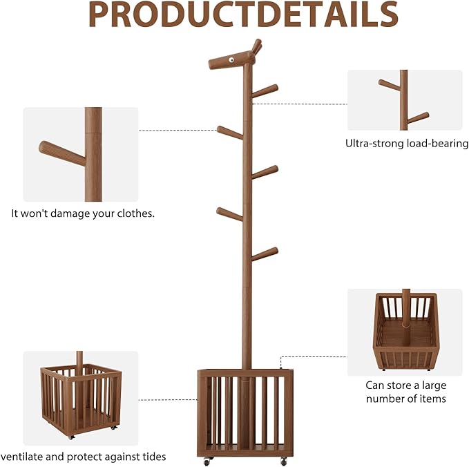 Coat tree freestanding heavy duty，Wooden coat rack freestanding for Entrance, Bedroom, Living room(Walnut)