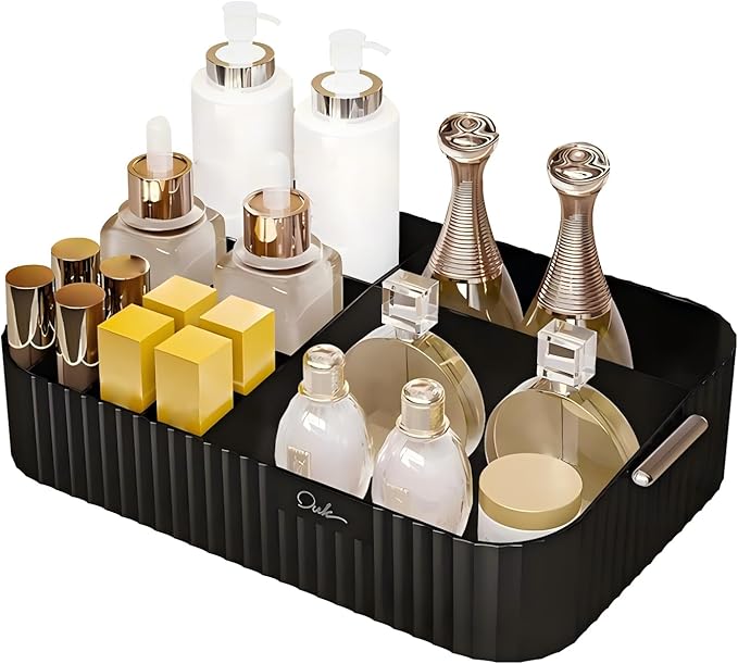 DASITON Large Capacity Makeup Organizer,12 Slots Makeup Brush Holder,Makeup Storage with Handle,Vintage Striped Cosmetic Organizer for Bathroom Countertops,Desk Storage Container(Black)