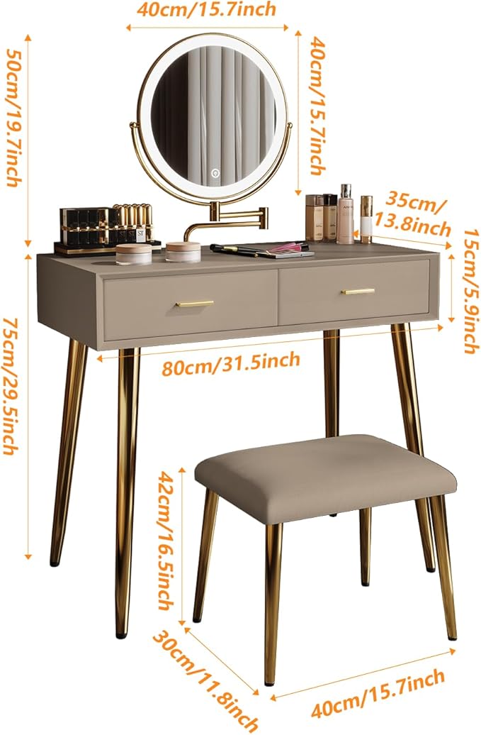 Vanity Desk with Adjustable Mirror and Lights, Makeup Desk with Drawers and Chair, Dressing Table Set with Leather Surface, Small Vanity Table for Bedroom, 3 Lighting Modes (Cappuccino)