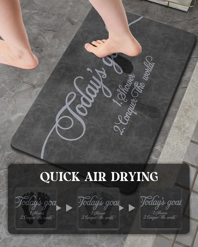 MontVoo -Bath Mat Rug- Non Slip Quick Dry Absorbent Thin Bathroom Rugs Fit Under Door-Faux Suede Surface Bathroom Floor Mats-Shower Rug for in Front of Bathtub Shower 16"X24" Dark Grey Text Pattern