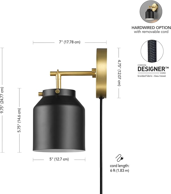 GLOBE Electric 65000102 1-Light Plug-in or Hardwire Wall Sconce, Matte Black, Matte Brass Accents, 6ft Black Braided Fabric Cord, in-Line Rocker Switch, Wall Lights for Living Room