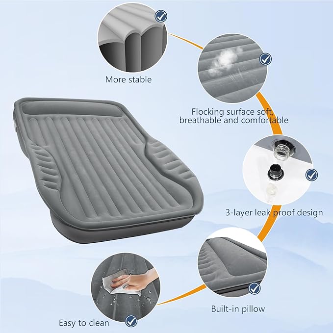 Self-Inflating SUV Air Mattress with Built in Electric Pump，car air Mattress with Pillow for Trunk，Portable car Mattress for Travle and Camping, Gray