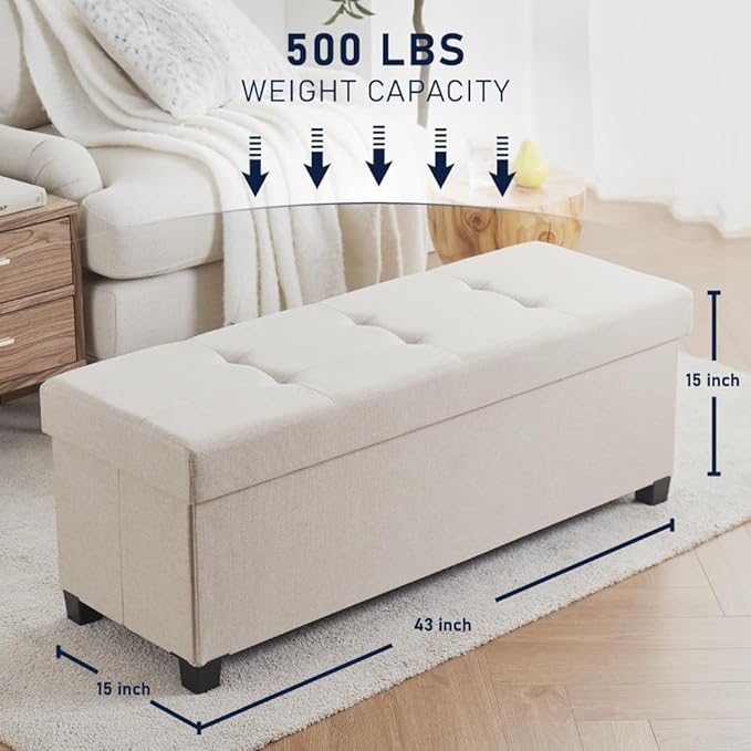 Ornavo Home 43 Inch Storage Ottoman, Large Storage Bench, Ottoman with Storage with Legs, Foot Rest Stool, Bedroom Bench - Beige