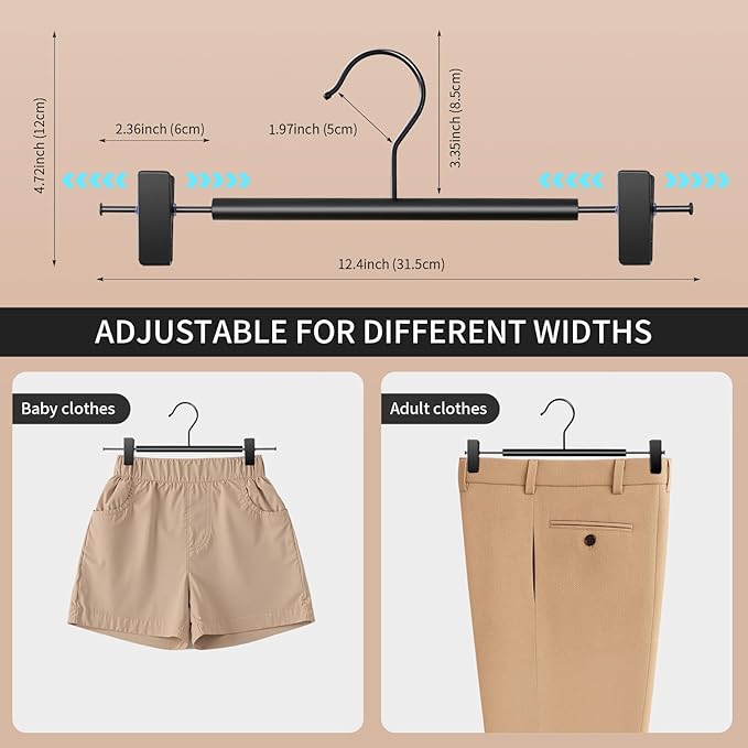 Wooden Pants Hangers with Clips 10 Pack Adjustable Wood Skirt Hangers for Women&Men Space Saving Closet Non Slip Clothes Hanger for Jeans,Trousers,Short,12Inch Black