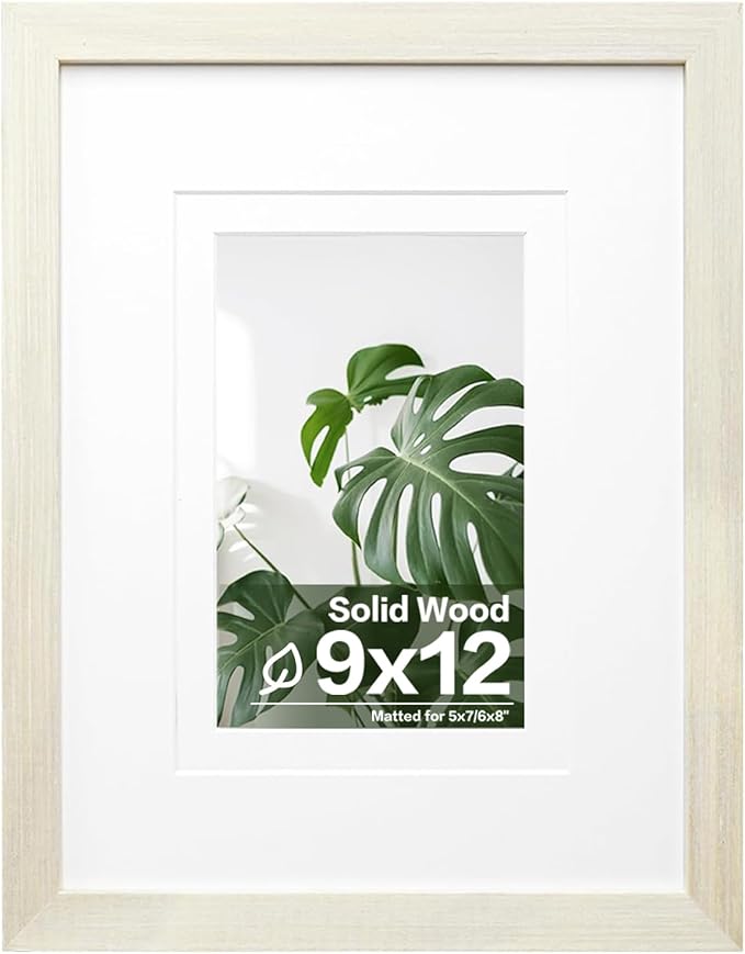 Egofine 9x12 Picture Frame Made of Solid Wood with Plexiglass, Display Pictures 5x7/6x8 with Mat or 9x12 Without Mat for Tabletop and Wall Mounting, Beige