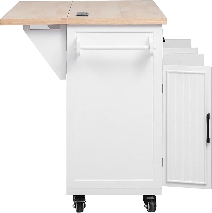56.5" Kitchen Island with Drop Leaf, Power Outlet, Embossed Vertical Stripe Rolling Kitchen Cart on Wheels with 4 Doors, 5 Deep Drawers and Adjustable Shelves for Dining Room, White