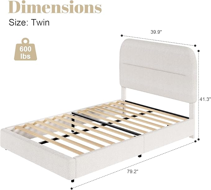 HOMBCK Twin Size Boucle Upholstered Bed Frame with Headboard, Twin Bed Frame for Kids, Soft Rounded Corners, Wooden Slats, No Box Spring Required, Easy Assembly, Cream