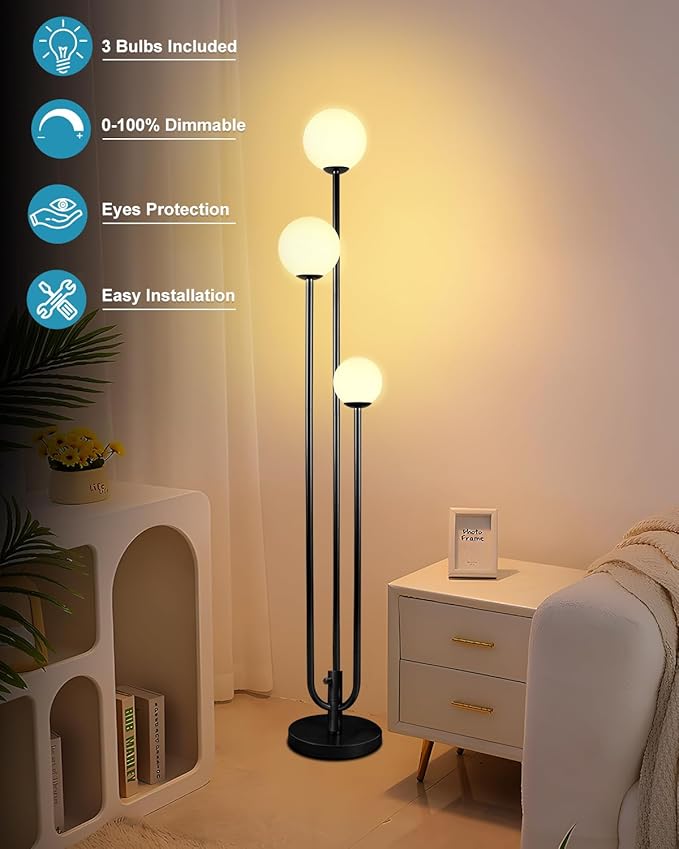 Lightdot 63IN Black Floor Lamp Dimmable with Candle Holder Style Mid Century Standing Lamps with 3 3000K Soft Warm White Bulbs Included, Modern Globe Floor Lamp for Living Room/Wedding
