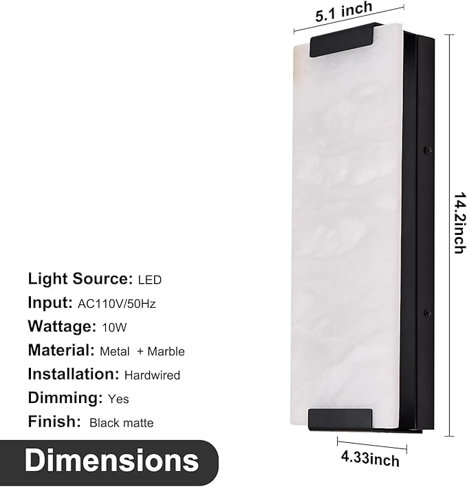 14.2in Alabaster Wall Sconces, Large Natural Marble Wall Sconces Set of Two, LED Modern Wall Lamp for Bedroom, Stairs, Living Room, Vanity, Bedside, Hallway （Black 12W）