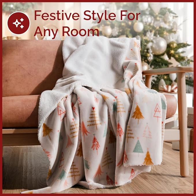 Christmas Sherpa Blanket Throw Size - Reversible Sherpa Fleece Blanket - Super Soft Double Sided Throw for Bed, Sofa, Couch - Thick, Cozy & Plush - Xmas Winter Bedding - Christmas Trees, Pink, 50x60