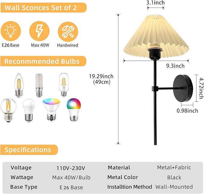 Wall Sconces Sets of 2, White Pleated Fabric lampshade Matte Black Wall Lamp, Column Bracket Wall Lighting, Bathroom Dresser Hardwired lamp Fixture, Applicable to Living Room, Bedroom and Dining Room