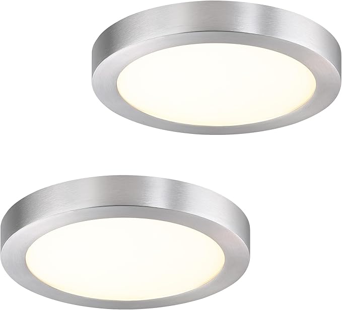 Flush Mount Ceiling Light Fixture, 7 Inch LED Modern Kitchen Light, Metal and Glass, Slim Dimmable Brushed Nickel Ceiling Light for Low Ceiling, 17W, 3000K, 2 Pack