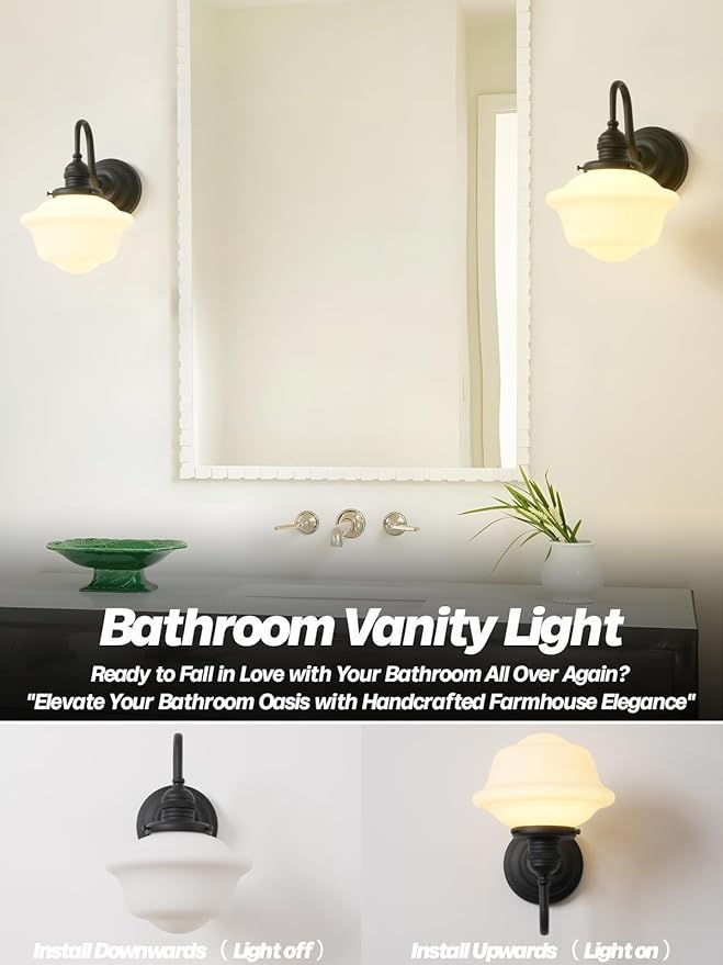 Vintage Wall Sconce Light Hardwire Black Bathroom Vanity Light with Frosted Milk White Gyro Glass Shade Modern Farmhouse Wall Lamp Fixture for Bathroom Mirror Living Room Bedroom Indoor