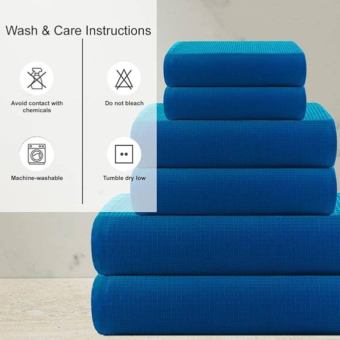 CASA COPENHAGEN Waffle Towel, 6Pieces 100% Cotton Large Towel Set- Electric Blue, 2Bath 2Hand 2Washcloths Instant Absorb and Dry, Soft Strong Towels for Hotel Spa Kitchen Bathroom & Shower