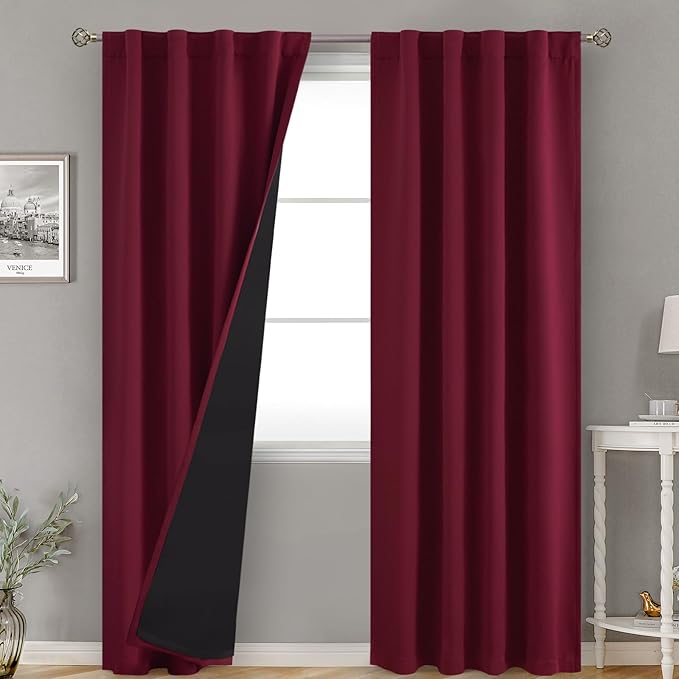 BGment Burgundy Red 100% Blackout Curtains for Bedroom, Black Out Living Room 84 inch Panels with Thermal Liner, Rod Pocket and Back Tab Double Layer Room Darkening Drapes, 2 Panels,Each 38 x 84 Inch