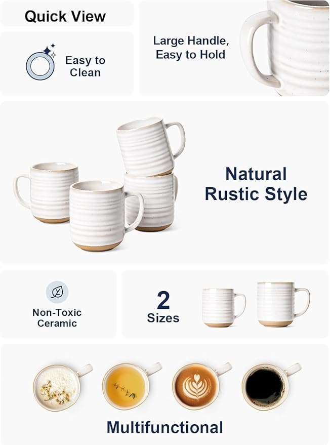 LE TAUCI Coffee Mugs 18 oz,Ceramic Mug Set, Coffee Cups for Latte, Hot Tea, Cappuccino, Mocha, Cocoa, Dishwasher Safe, Suit For Housewarming Wedding- 3.5 inch, Set of 4, Arctic White