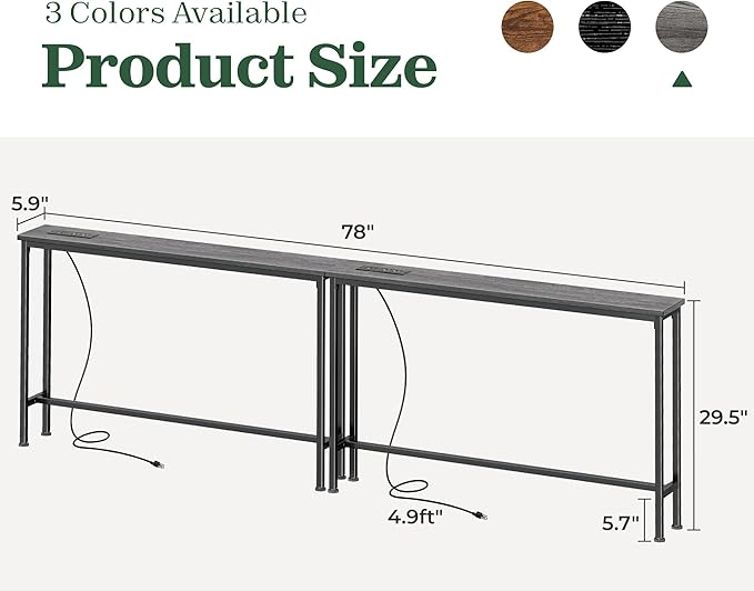 SUPERJARE 5.9 Inch Narrow Console Table with Outlet, Sofa Table Set of 2, Total Length 78'', Behind Couch Table, Long Entryway Tables with Charging Station, for Living Room, Charcoal Gray