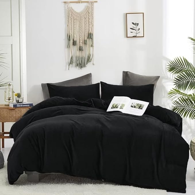 CLOTHKNOW Black Velvet Twin/Twin XL Comforter Set 3Pcs Black Bedding Comforter Sets Fluffy Soft Cozy Black Comforter with 2 x Pillowcases