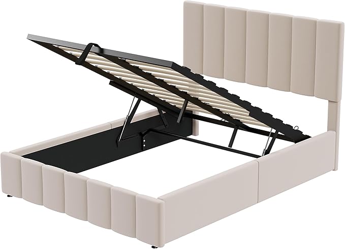 Full Size Bed Frame with Headboard, Elegant Linen Upholstered Platform Bed with a Hydraulic Storage System, Linen Fabric Backrest and Pine Wood Slats, No Box Spring Needed, Beige