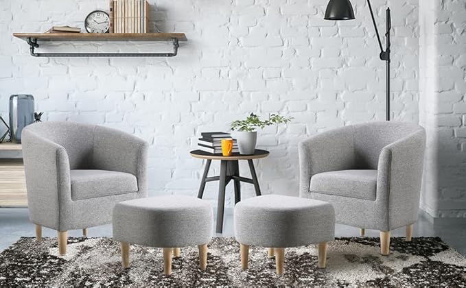 DAZONE Accent Chair with Ottoman, Modern Comfy Armchair Upholstered Barrel Club Chair and Footrest Set, Fabric Tub Arm Chairs for Living Room Bedroom Small Spaces Apartment Office, Set of 2, Gray