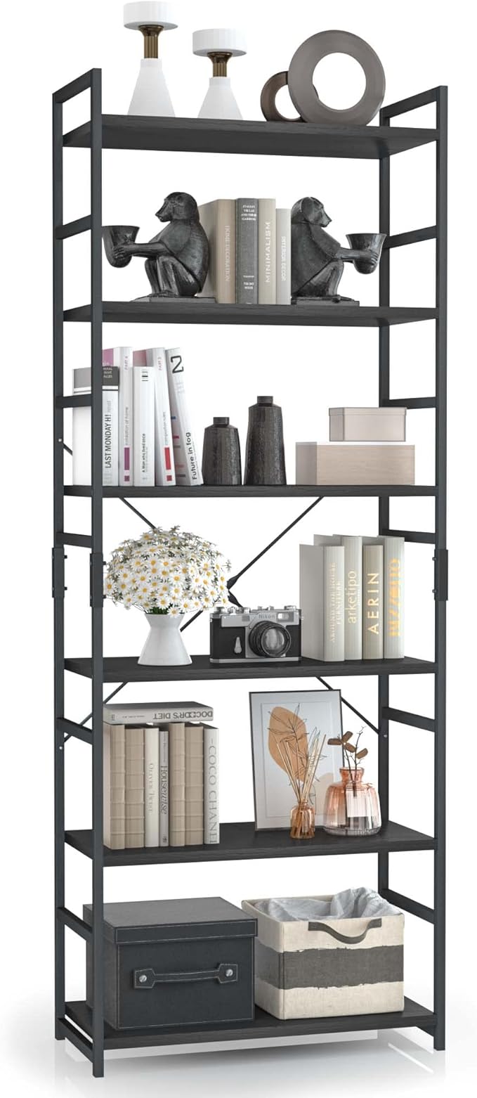 OTK 6 Tier Adjustable Bookshelf, Tall Bookcase, Office Shelf Storage Organizer, Modern Book Shelf for Living Room, Bedroom, and Home Office, Black