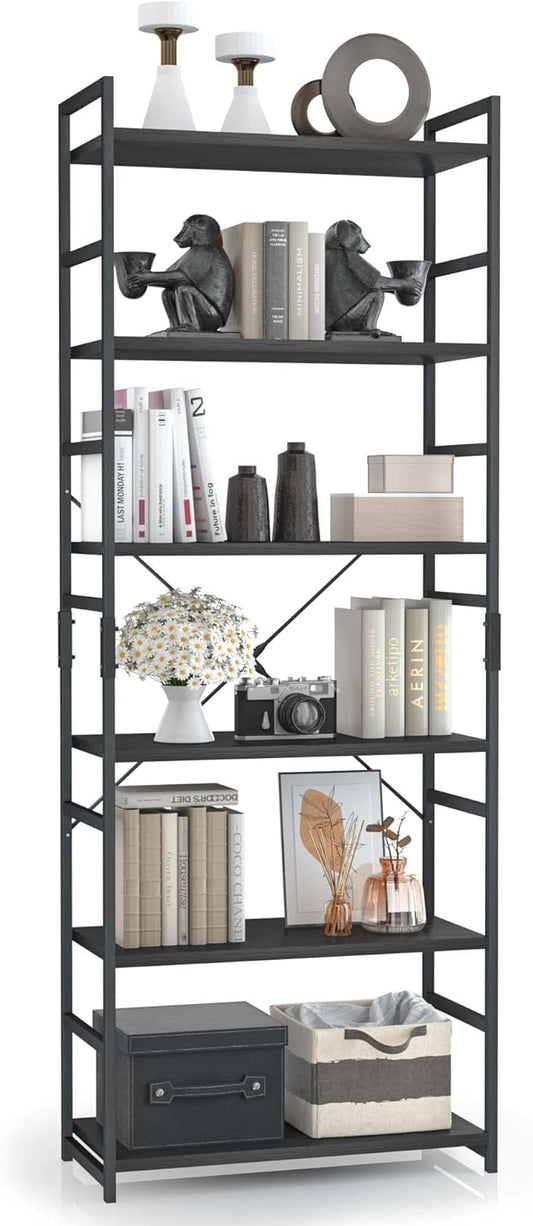 OTK 6 Tier Adjustable Bookshelf, Tall Bookcase, Office Shelf Storage Organizer, Modern Book Shelf for Living Room, Bedroom, and Home Office, Black