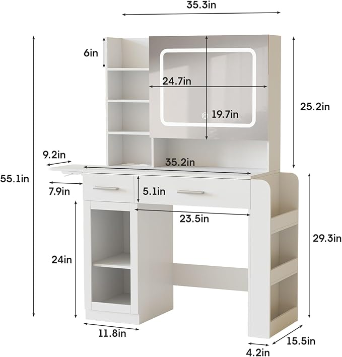 Vabches Vanity Desk with Mirror and Lights, Makeup Vanity with Charging Station, Vanity Table with Drawers, Shelves and Large Storage Cabinet for Home and Bedroom