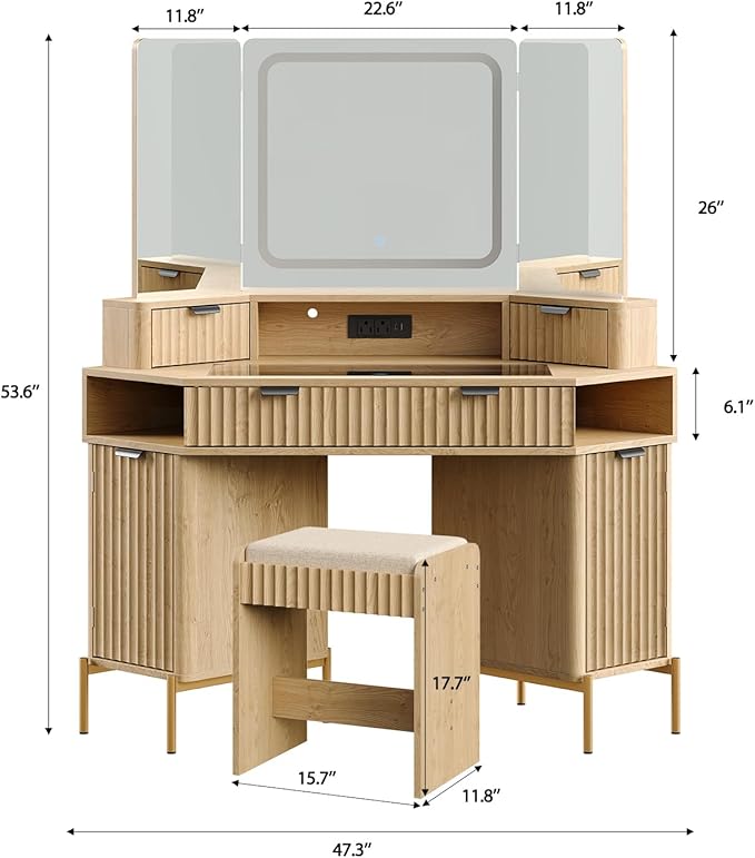 48'' Modern Vanity Desk with HD Triple Mirror & Lights,Large Corner Vanity Table with Glass Top, Charging Station,1Multifunctional Drawers & 2 Small Drawers, Dressing Table Set with 2 Cabinets, Oak