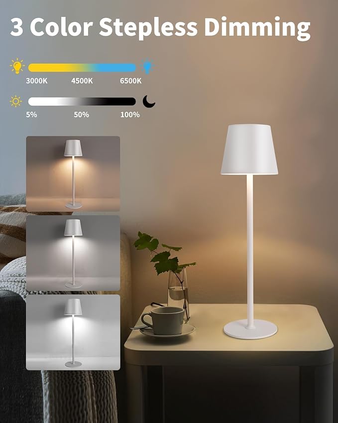 Cordless Table Lamp LED Desk Lamp,5000mAh Rechargeable Touch Night Light Lamp,Wireless Minimalist Design for Restaurant/Bedroom/Bars/Outdoor Party/Camping/Coffee Shop(White)