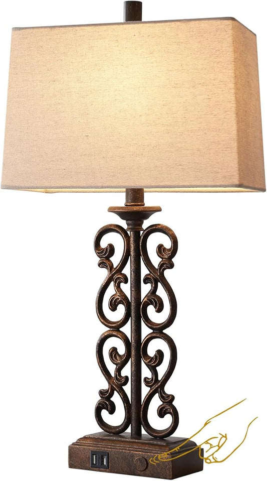 25" Farmhouse Touch Table Lamps for Living Room, 3 Way Dimmable Dual USB Ports, Vintage Rustic Bedside Table Lamp for Bedroom Bedside End Table, LED Bulbs Included