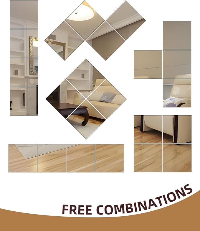 12" x 12" 4Pcs Full Length Wall Mirror Tiles, Frameless Wall Mounted Mirror Glass Wall Peel and Stick Mirror for Home Gym, Door, Bedroom, Living Room (12" x 12"-4PCS)