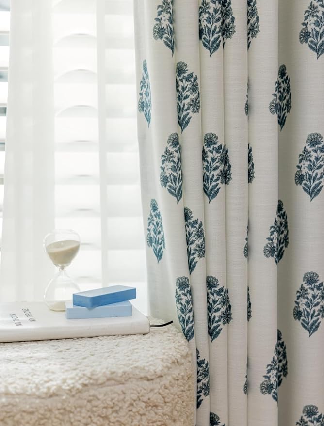 Linen Blend Pinch Pleated Curtains for Living Room, Bedroom, Dining Room - Light Filtering Curtains 2 Panels Set - Luxury and Modern Floral Printed Design - Kashmir Blue, 30" W x 108" L