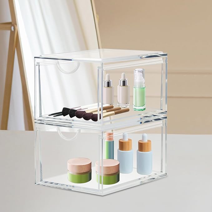 2 Pack Stackable Cosmetic Organizer Drawers, Clear Acrylic Makeup Storage Organizer Box, Plastic Storage Bins Vanity Container for Bathroom Countertop, Bedroom Dresser, Kitchen Cabinets