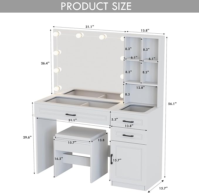 Fameill Vanity Desk with Mirror and Lights,Large Makeup Vanity with Glass top and Lots Storage,3 Drawer Vanity Set with Charging Station,3 Lighting Modes,White