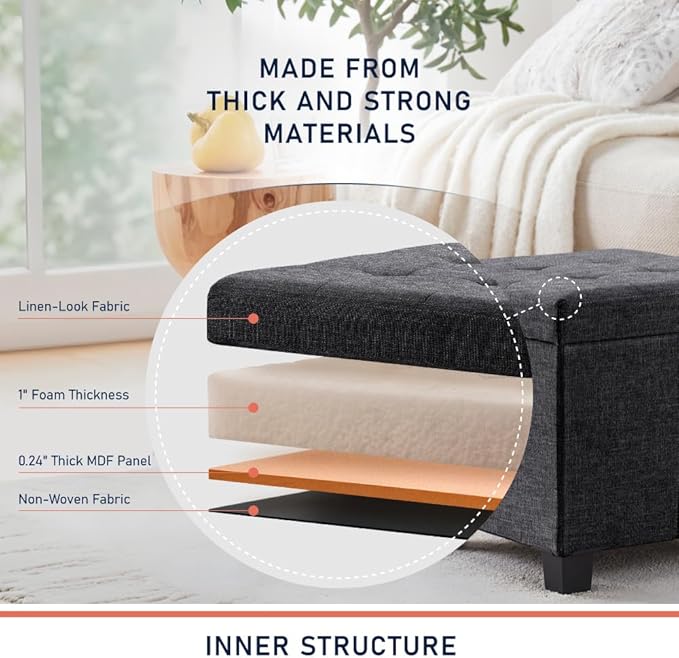 Ornavo Home 15 Inch Folding Storage Ottoman with Storage, Square Cube Linen Small Storage Ottoman Foot Rest Stool with Legs - Dark Gray