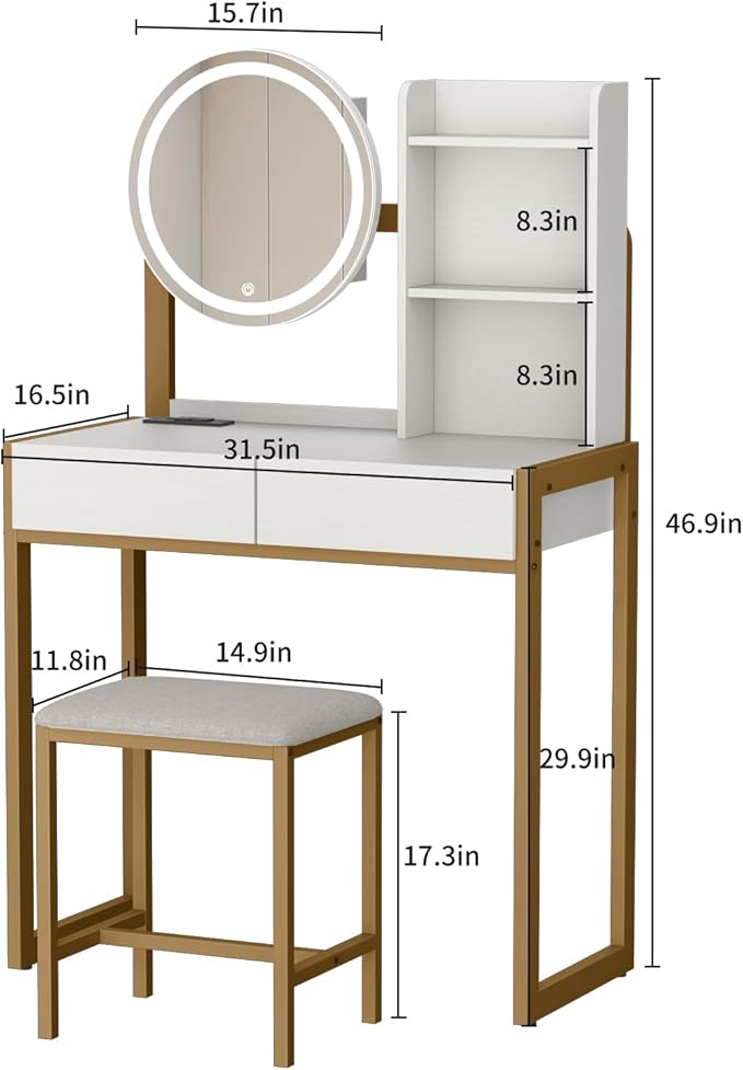 Small Vanity Desk with Mirror and Lights, Makeup Vanity Table with LED Mirror, 3 Lighting Modes, Power Outlet, Drawer, Open Shelves and Cushioned Stool for Bedroom (Gold)